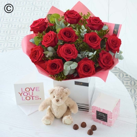 Valentines Day 12 Red Roses Gift Set